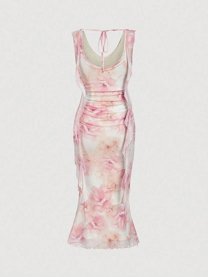 Fashzeo women's pastel pink floral print midi dress with draped cowl neck and ruched side ruffles.