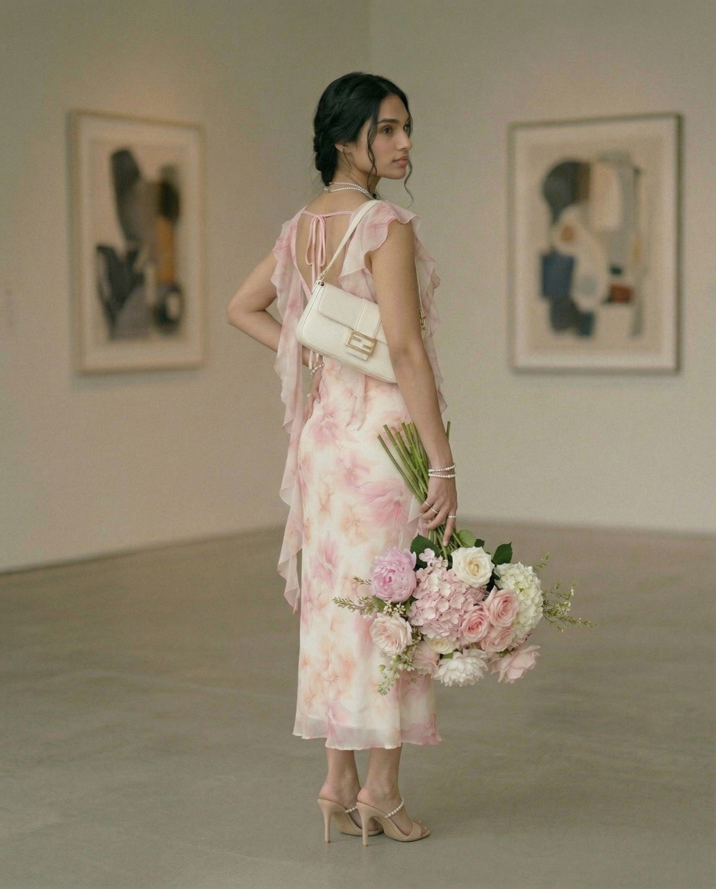 Fashzeo women's pastel pink floral print midi dress with draped cowl neck and ruched side ruffles.