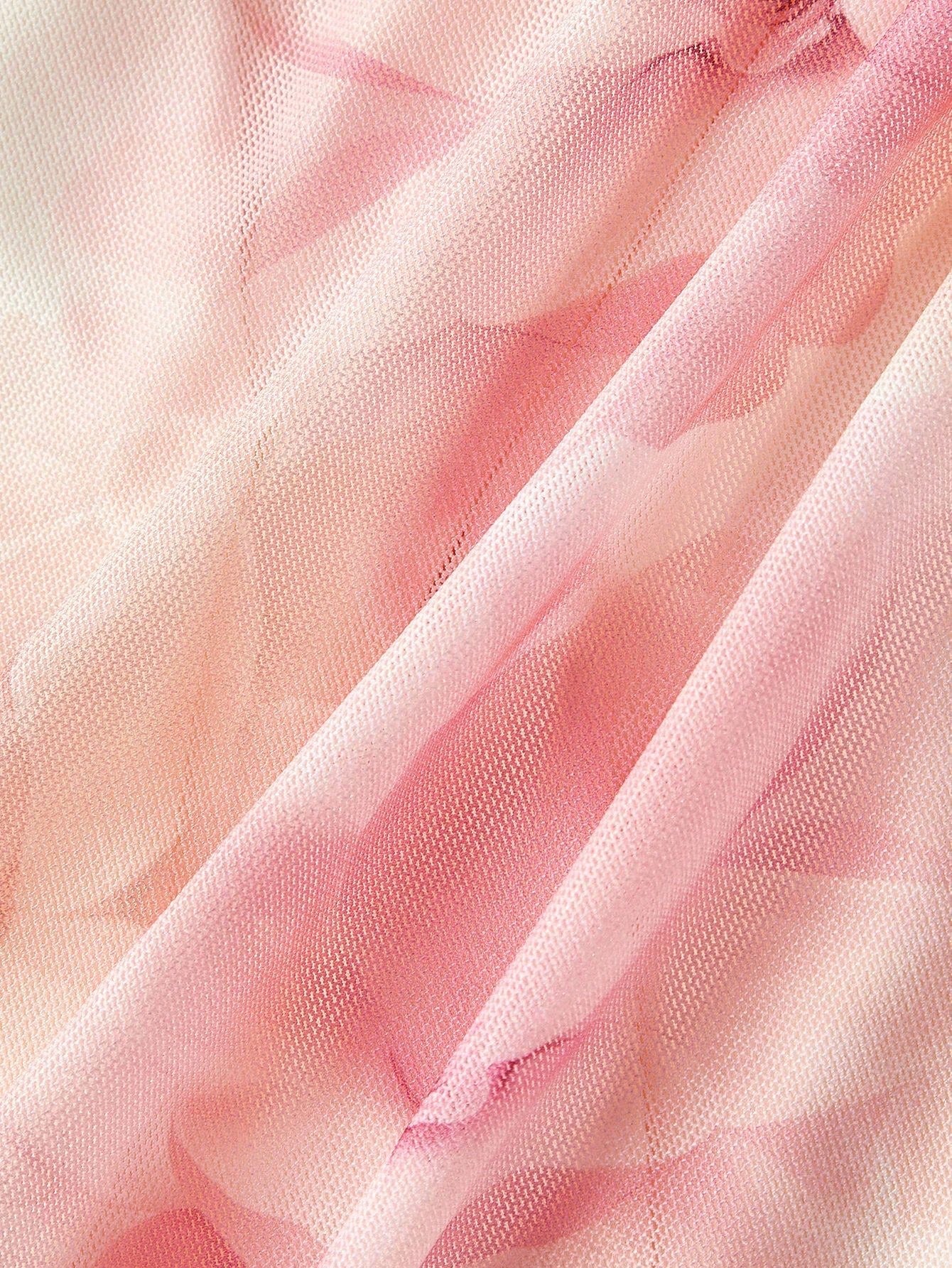 Fashzeo women's pastel pink floral print midi dress with draped cowl neck and ruched side ruffles.