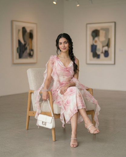 Fashzeo women's pastel pink floral print midi dress with draped cowl neck and ruched side ruffles.