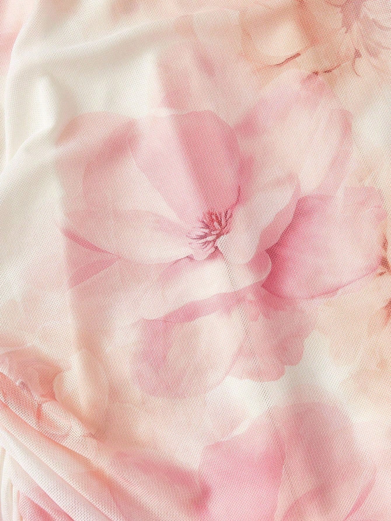 Fashzeo women's pastel pink floral print midi dress with draped cowl neck and ruched side ruffles.