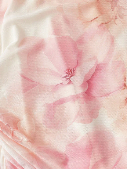Fashzeo women's pastel pink floral print midi dress with draped cowl neck and ruched side ruffles.