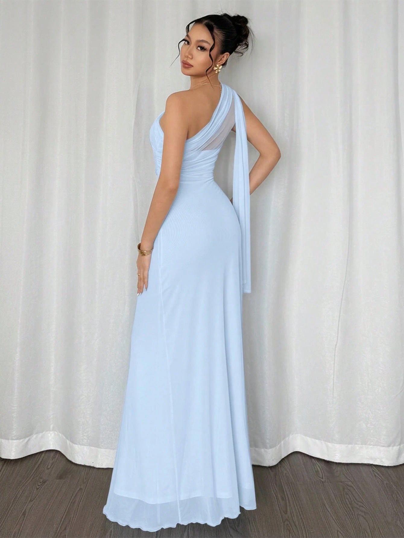 Fashzeo Baby Blue asymmetrical neck bodycon maxi dress in solid color, perfect for formal events, weddings, and evening parties.