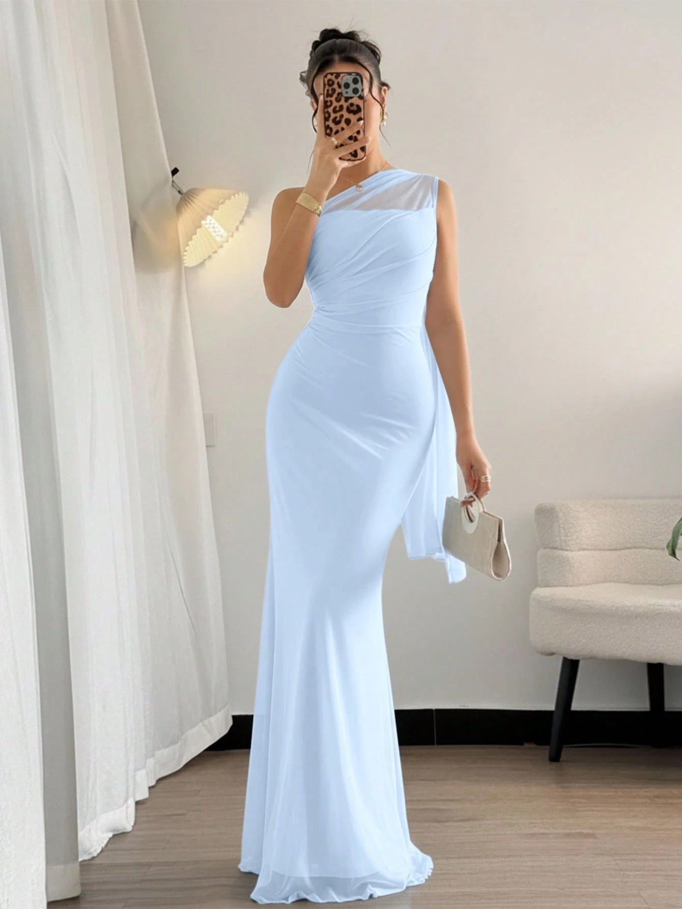 Fashzeo Baby Blue asymmetrical neck bodycon maxi dress in solid color, perfect for formal events, weddings, and evening parties.