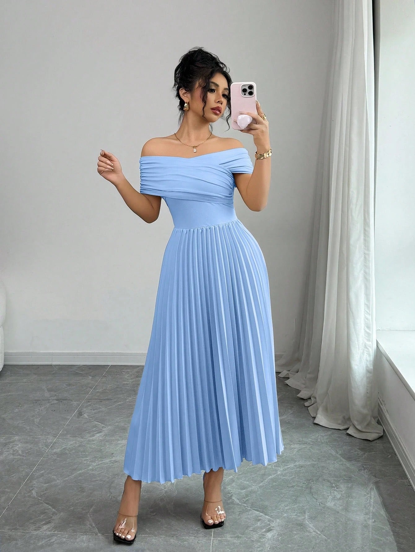 Fashzeo Baby blue off-shoulder pleated midi dress with a cinched waist and long sleeves for an elegant party wear look