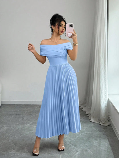 Fashzeo Baby blue off-shoulder pleated midi dress with a cinched waist and long sleeves for an elegant party wear look