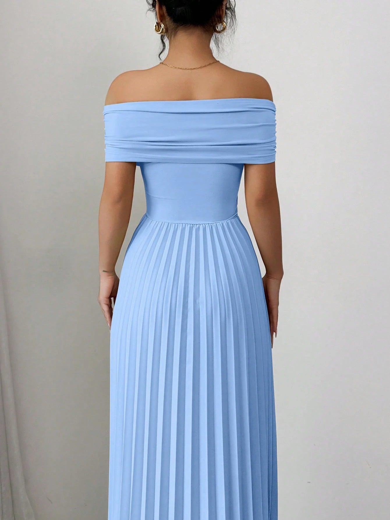 Fashzeo Baby blue off-shoulder pleated midi dress with a cinched waist and long sleeves for an elegant party wear look