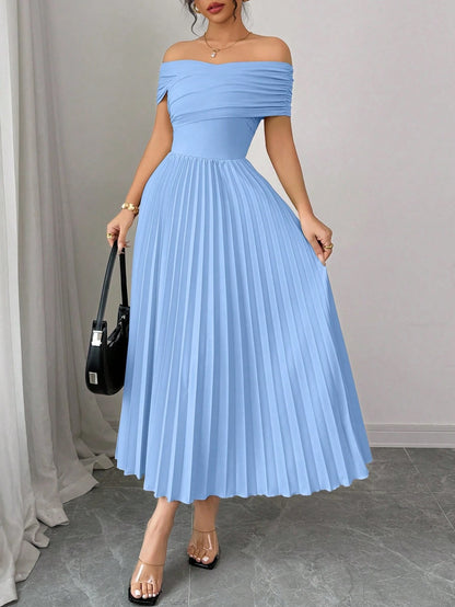 Fashzeo Baby blue off-shoulder pleated midi dress with a cinched waist and long sleeves for an elegant party wear look