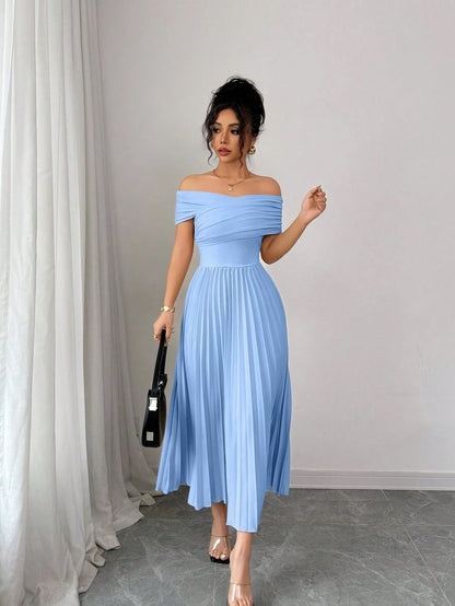 Fashzeo Baby blue off-shoulder pleated midi dress with a cinched waist and long sleeves for an elegant party wear look