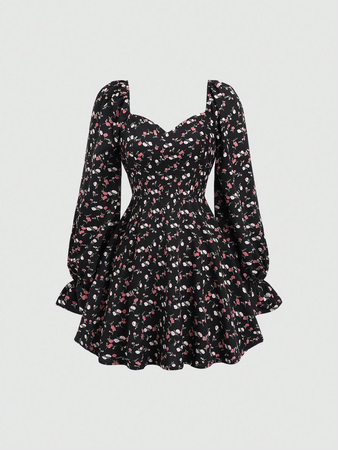 Fashzeo Black - Floral women's long sleeve floral mini dress with sweetheart neckline, smocked back, and ruffle flared hem in a romantic cottagecore style.