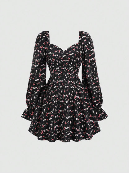 Fashzeo Black - Floral women's long sleeve floral mini dress with sweetheart neckline, smocked back, and ruffle flared hem in a romantic cottagecore style.
