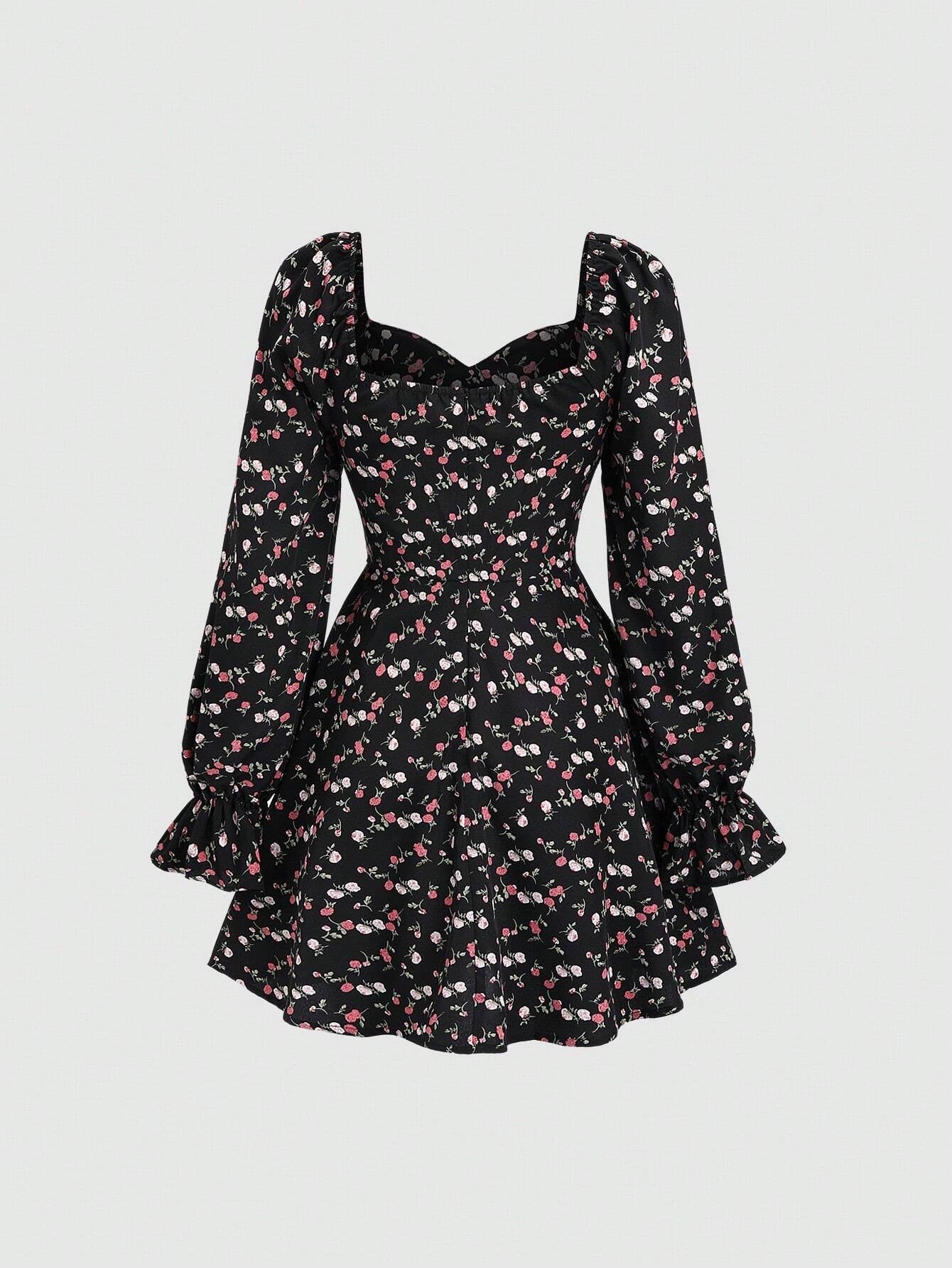 Fashzeo Black - Floral women's long sleeve floral mini dress with sweetheart neckline, smocked back, and ruffle flared hem in a romantic cottagecore style.1
