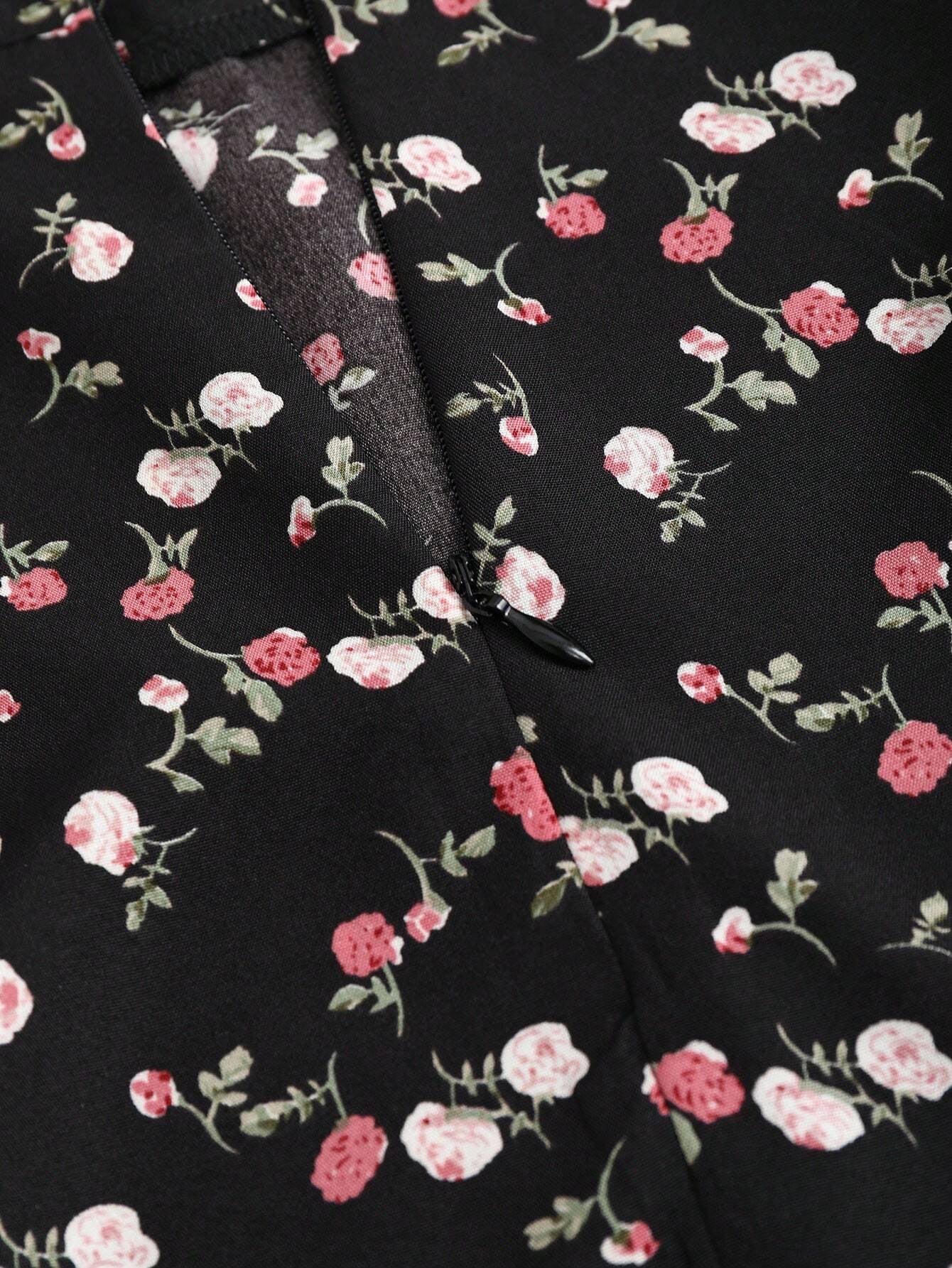 Fashzeo Black - Floral women's long sleeve floral mini dress with sweetheart neckline, smocked back, and ruffle flared hem in a romantic cottagecore style.2