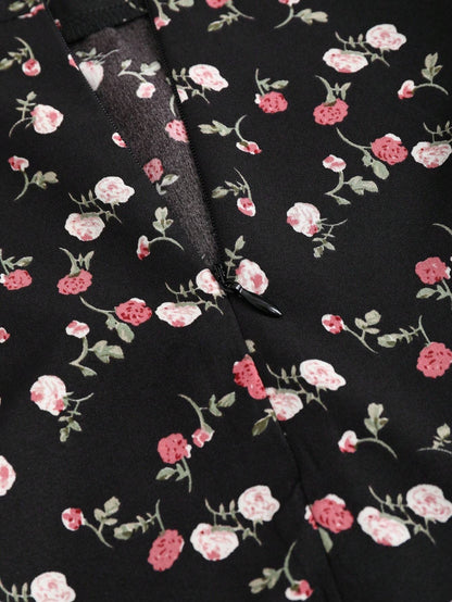 Fashzeo Black - Floral women's long sleeve floral mini dress with sweetheart neckline, smocked back, and ruffle flared hem in a romantic cottagecore style.2