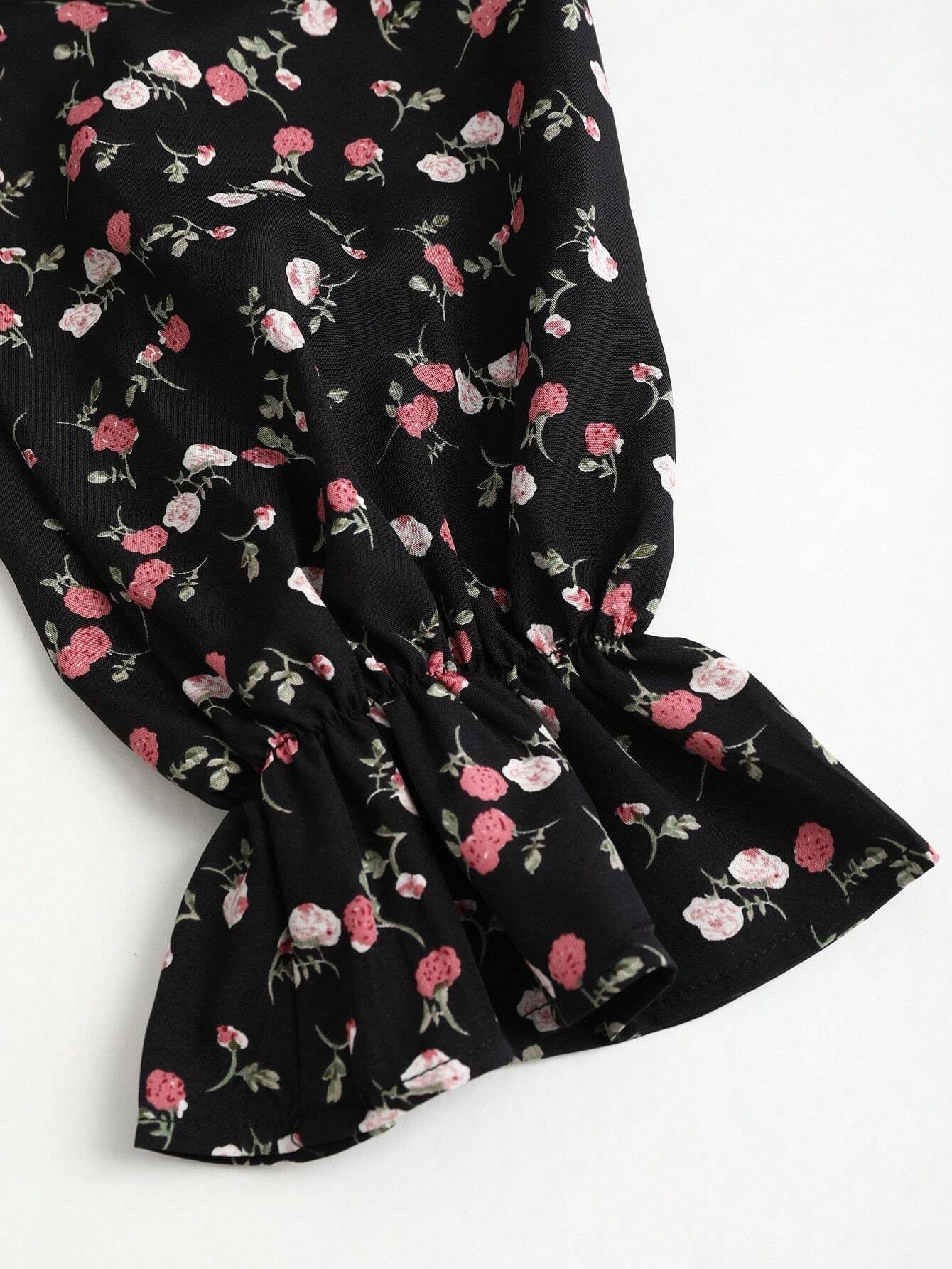 Fashzeo Black - Floral women's long sleeve floral mini dress with sweetheart neckline, smocked back, and ruffle flared hem in a romantic cottagecore style.3