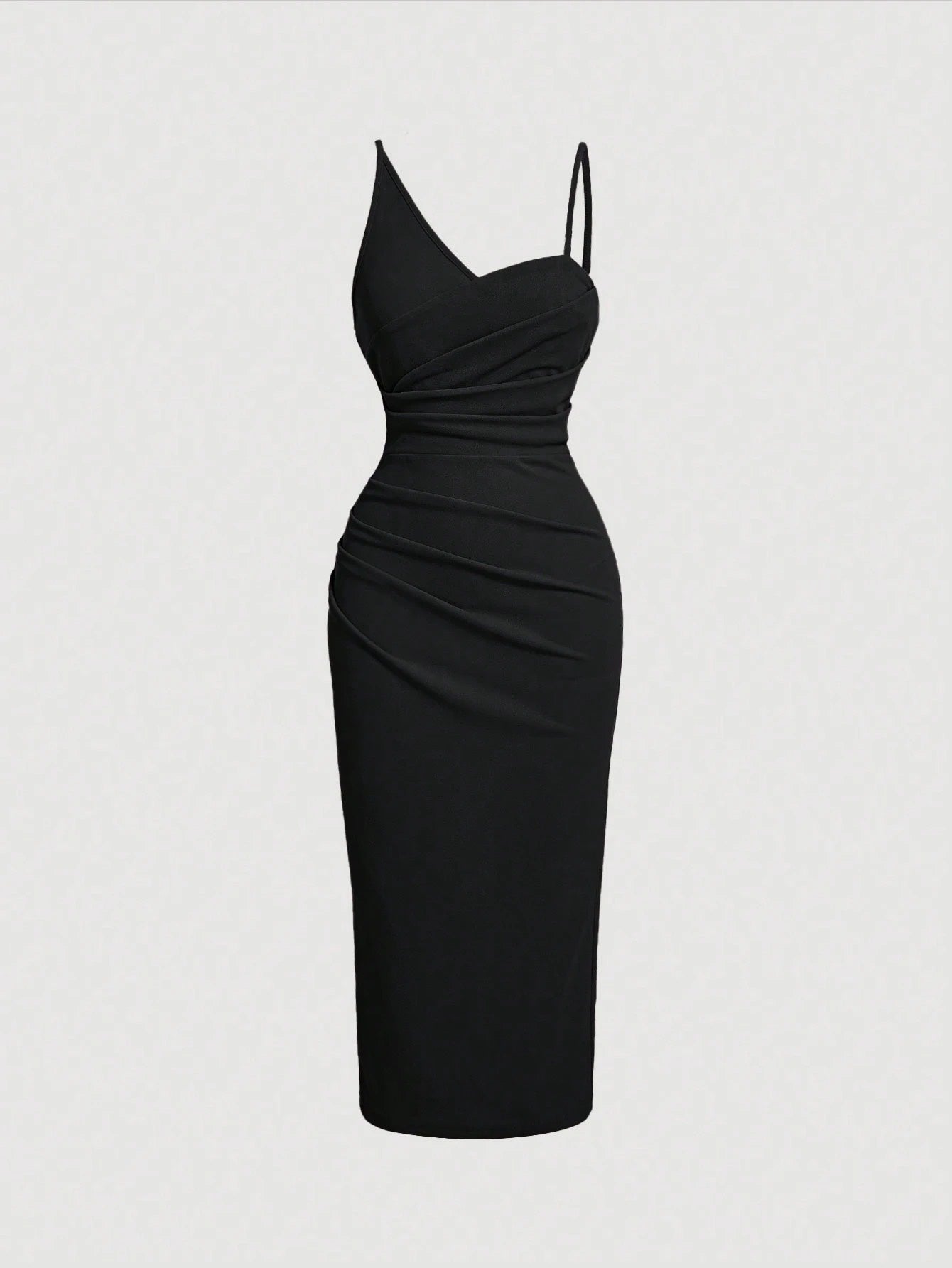 Fashzeo Black asymmetrical pleated bodycon midi dress with ruched detail and thin straps for women party wear