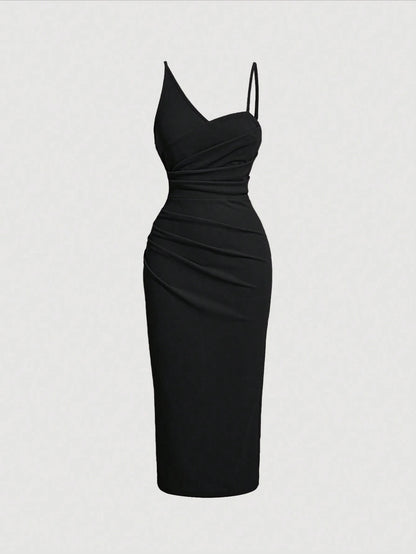 Fashzeo Black asymmetrical pleated bodycon midi dress with ruched detail and thin straps for women party wear