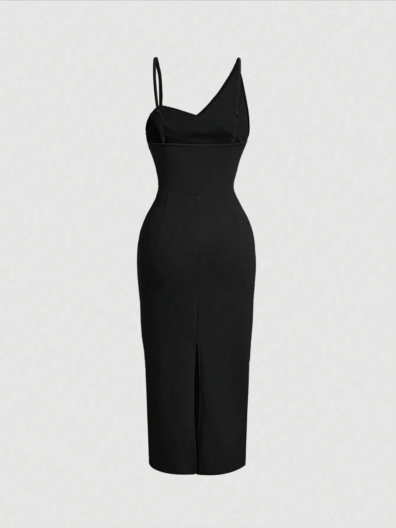 Fashzeo Black asymmetrical pleated bodycon midi dress with ruched detail and thin straps for women party wear1