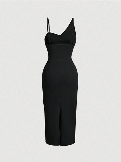 Fashzeo Black asymmetrical pleated bodycon midi dress with ruched detail and thin straps for women party wear1