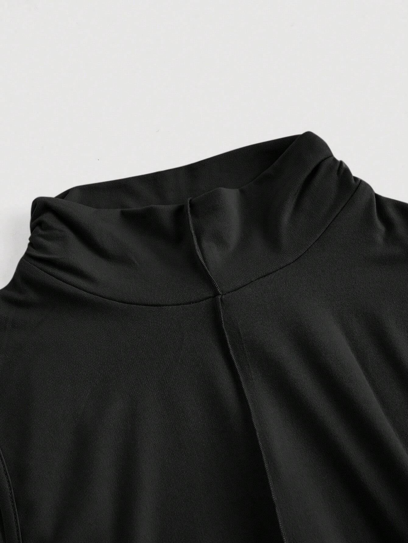 Fashzeo Black mock neck sleeveless long dress featuring a sleek bodycon fit and high neck for an elegant party wear aesthetic.