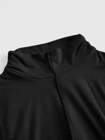 Fashzeo Black mock neck sleeveless long dress featuring a sleek bodycon fit and high neck for an elegant party wear aesthetic.