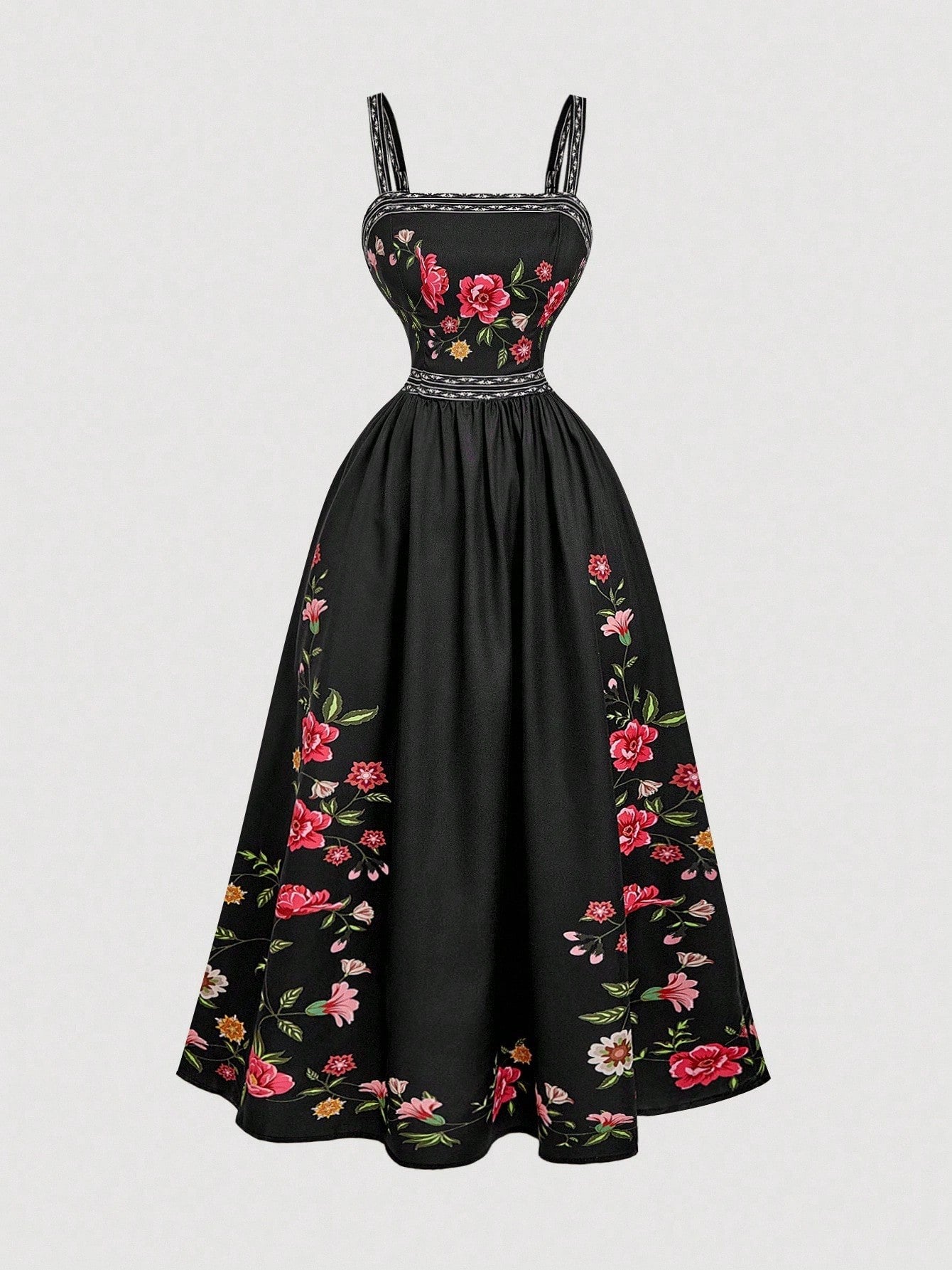 Fashzeo Black romantic floral print midi dress with cowl neck and thigh-high slit for elegant party wear