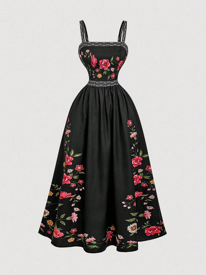Fashzeo Black romantic floral print midi dress with cowl neck and thigh-high slit for elegant party wear