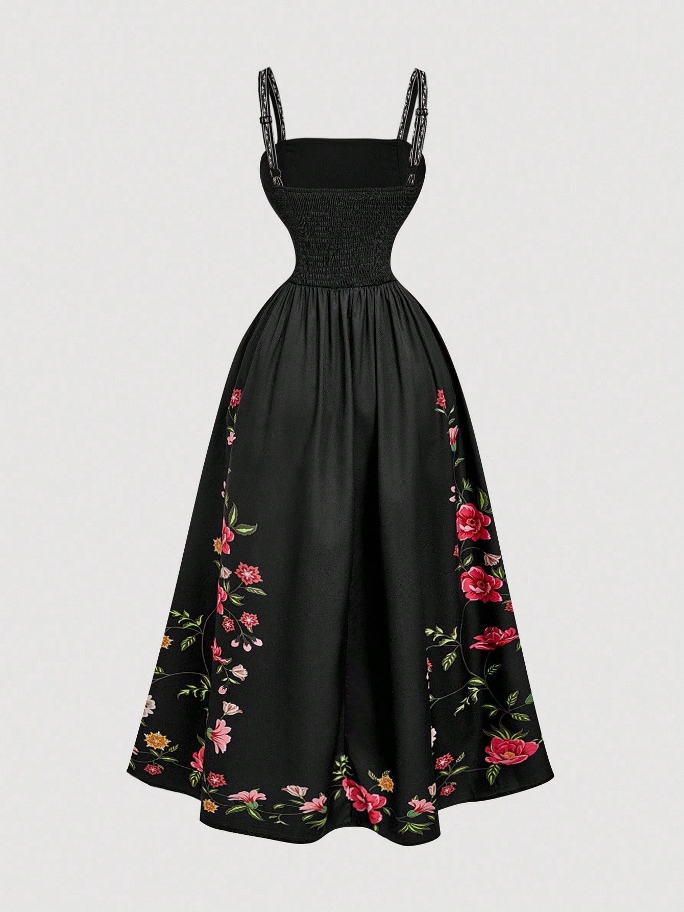 Fashzeo Black romantic floral print midi dress with cowl neck and thigh-high slit for elegant party wear1