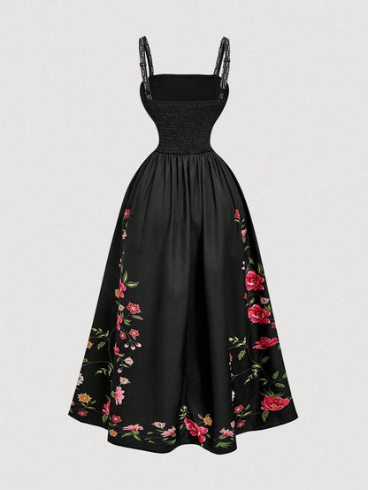 Fashzeo Black romantic floral print midi dress with cowl neck and thigh-high slit for elegant party wear1