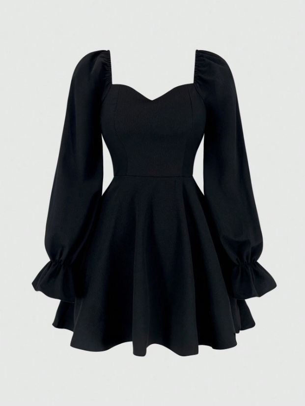 Fashzeo Black women's long sleeve floral mini dress with sweetheart neckline, smocked back, and ruffle flared hem in a romantic cottagecore style.
