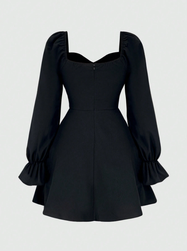 Fashzeo Black women's long sleeve floral mini dress with sweetheart neckline, smocked back, and ruffle flared hem in a romantic cottagecore style.1