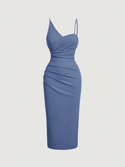 Fashzeo Blue asymmetrical pleated bodycon midi dress with ruched detail and thin straps for women party wear