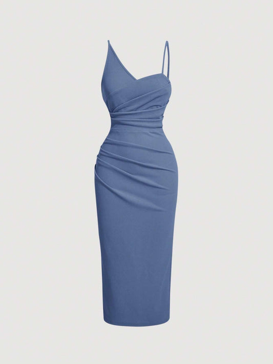 Fashzeo Blue asymmetrical pleated bodycon midi dress with ruched detail and thin straps for women party wear