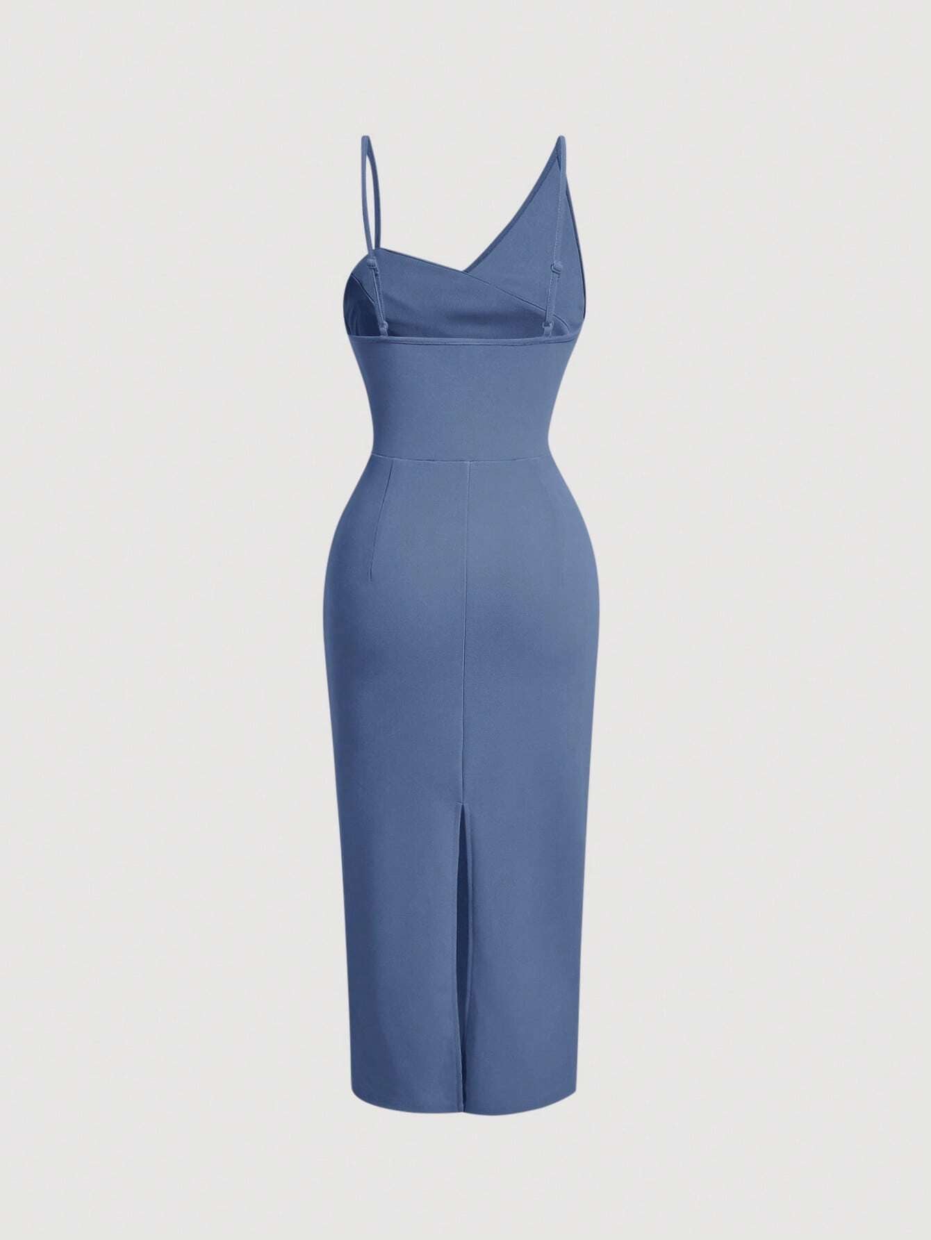 Fashzeo Blue asymmetrical pleated bodycon midi dress with ruched detail and thin straps for women party wear1