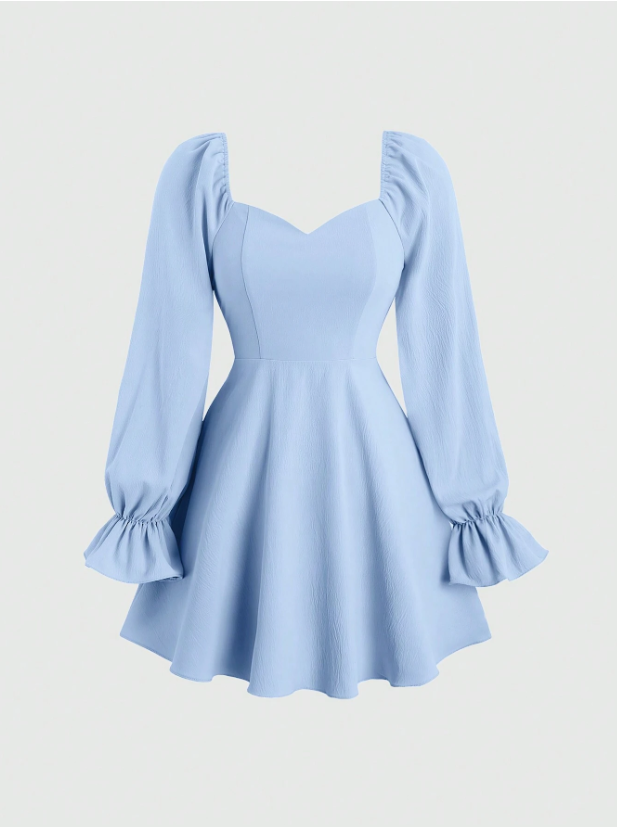 Fashzeo Blue women's long sleeve floral mini dress with sweetheart neckline, smocked back, and ruffle flared hem in a romantic cottagecore style.