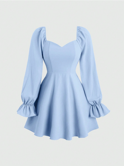 Fashzeo Blue women's long sleeve floral mini dress with sweetheart neckline, smocked back, and ruffle flared hem in a romantic cottagecore style.