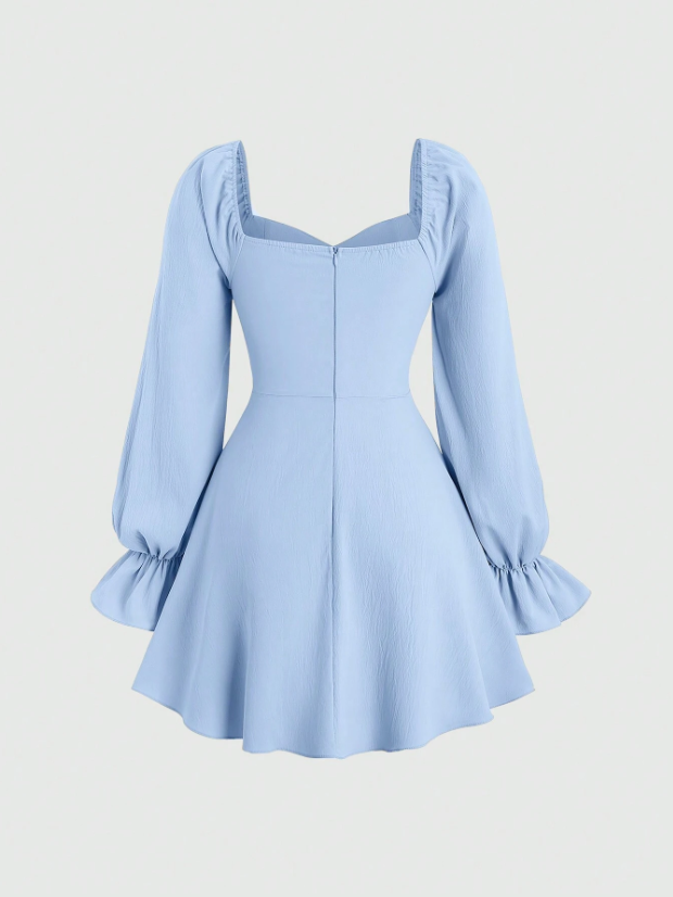 Fashzeo Blue women's long sleeve floral mini dress with sweetheart neckline, smocked back, and ruffle flared hem in a romantic cottagecore style.1