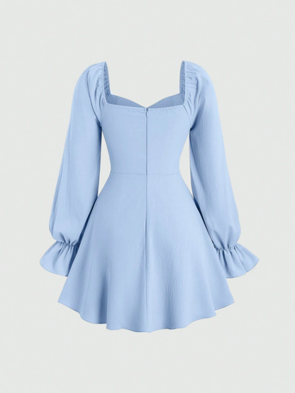 Fashzeo Blue women's long sleeve floral mini dress with sweetheart neckline, smocked back, and ruffle flared hem in a romantic cottagecore style.1