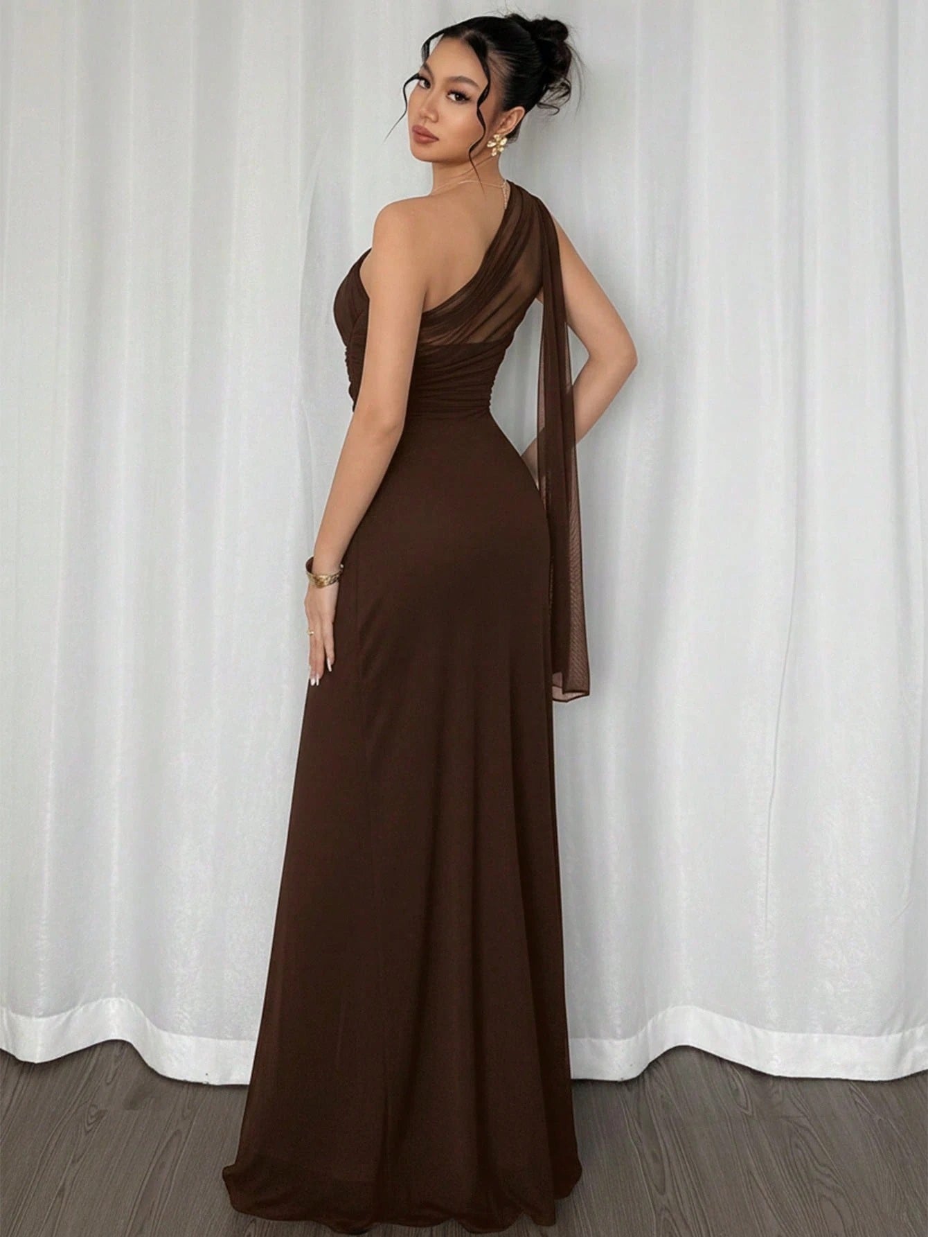 Fashzeo Brown asymmetrical neck bodycon maxi dress in solid color, perfect for formal events, weddings, and evening parties.