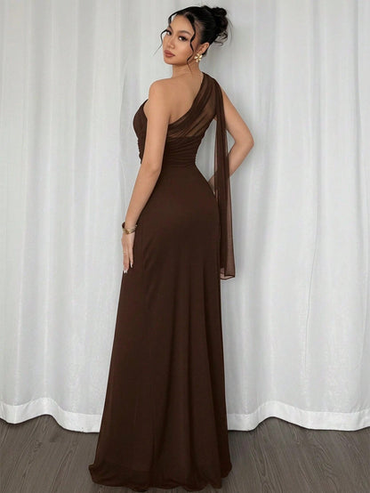 Fashzeo Brown asymmetrical neck bodycon maxi dress in solid color, perfect for formal events, weddings, and evening parties.