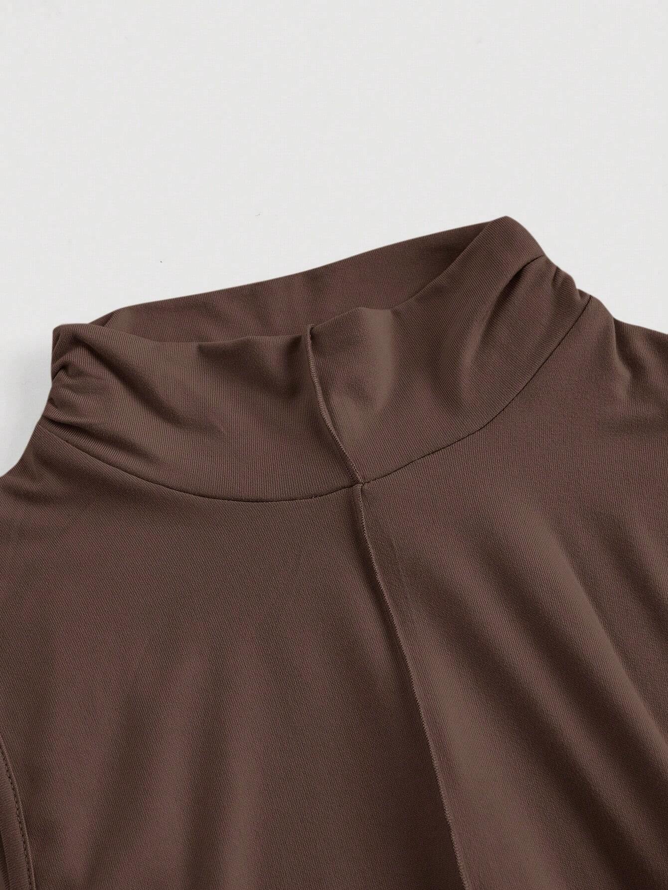 Fashzeo Brown mock neck sleeveless long dress featuring a sleek bodycon fit and high neck for an elegant party wear aesthetic.