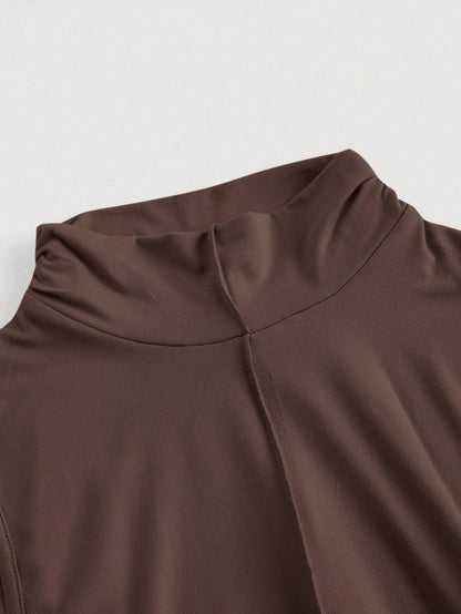 Fashzeo Brown mock neck sleeveless long dress featuring a sleek bodycon fit and high neck for an elegant party wear aesthetic.