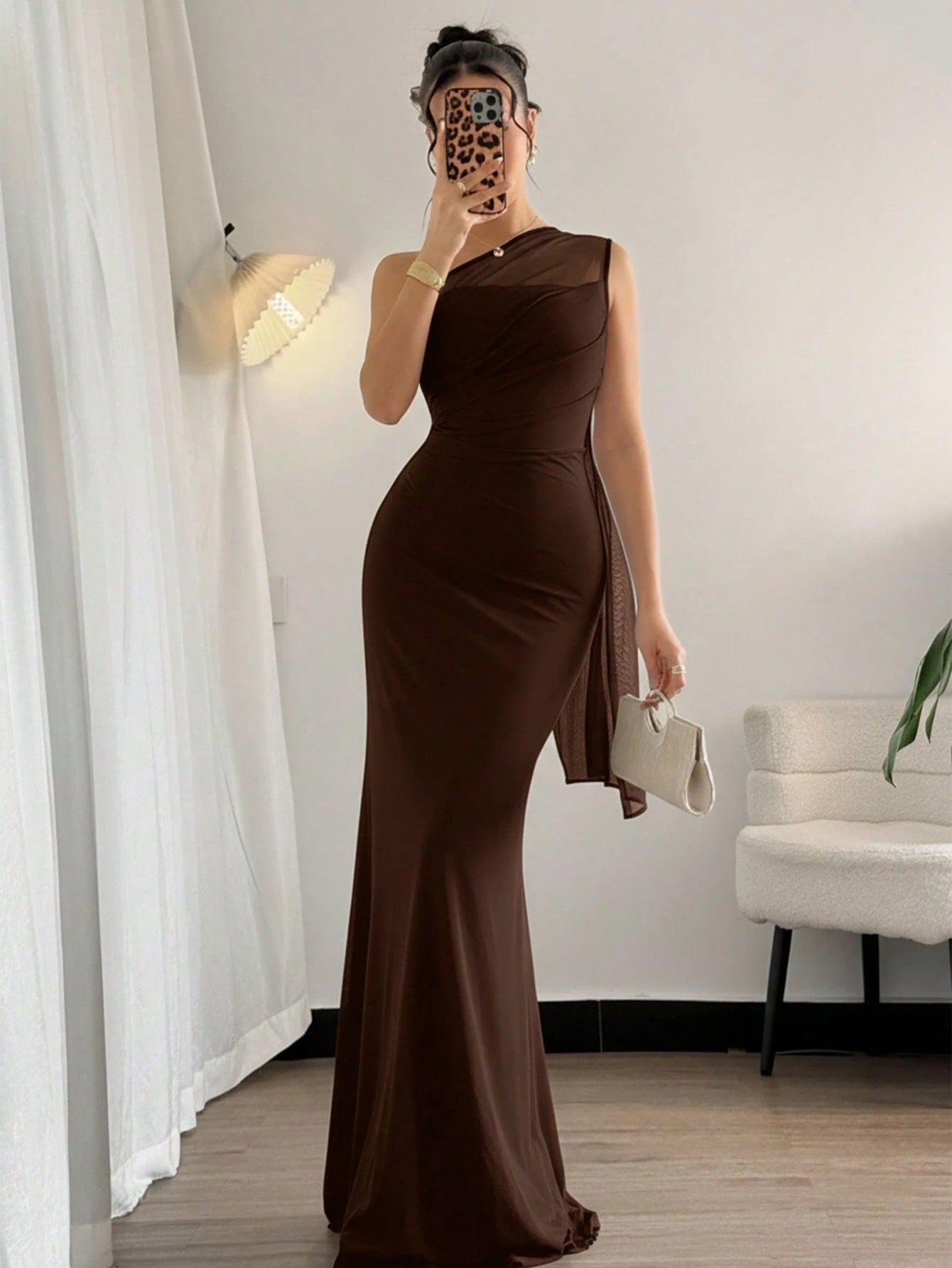 Fashzeo Browna asymmetrical neck bodycon maxi dress in solid color, perfect for formal events, weddings, and evening parties.