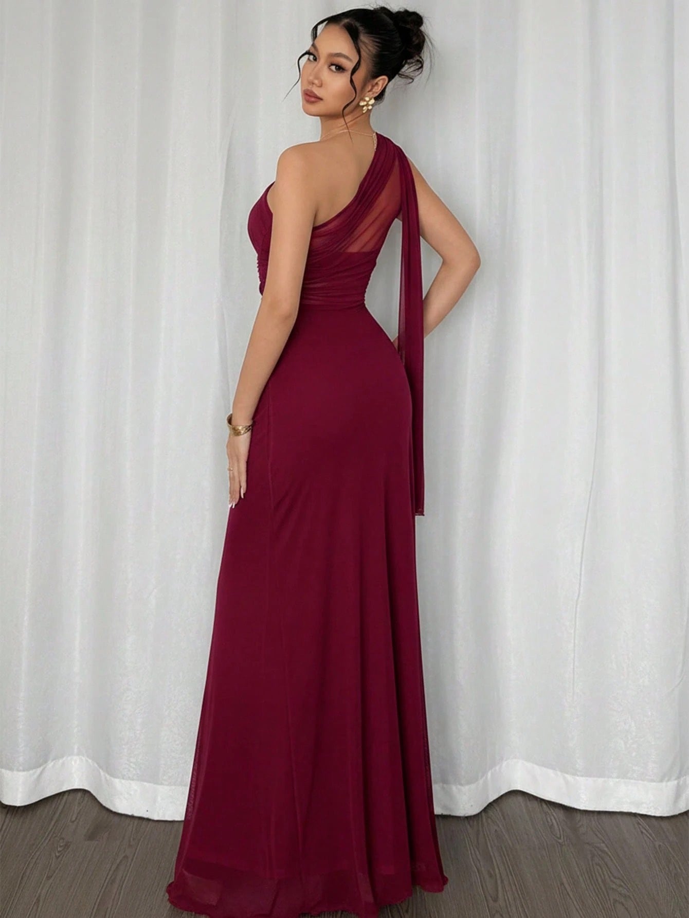Fashzeo Burgundy asymmetrical neck bodycon maxi dress in solid color, perfect for formal events, weddings, and evening parties.