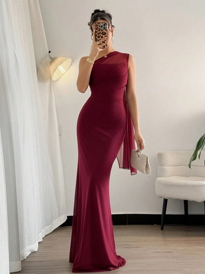 Fashzeo Burgundy asymmetrical neck bodycon maxi dress in solid color, perfect for formal events, weddings, and evening parties.