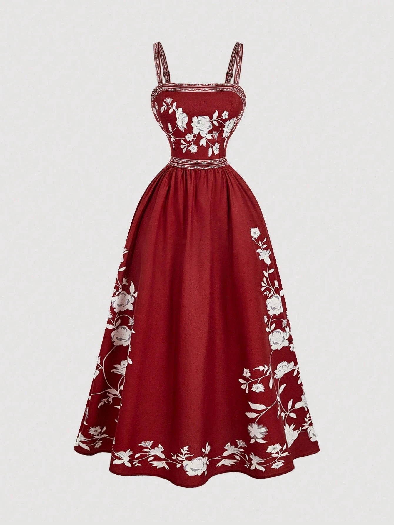 Fashzeo Burgundy romantic floral print midi dress with cowl neck and thigh-high slit for elegant party wear