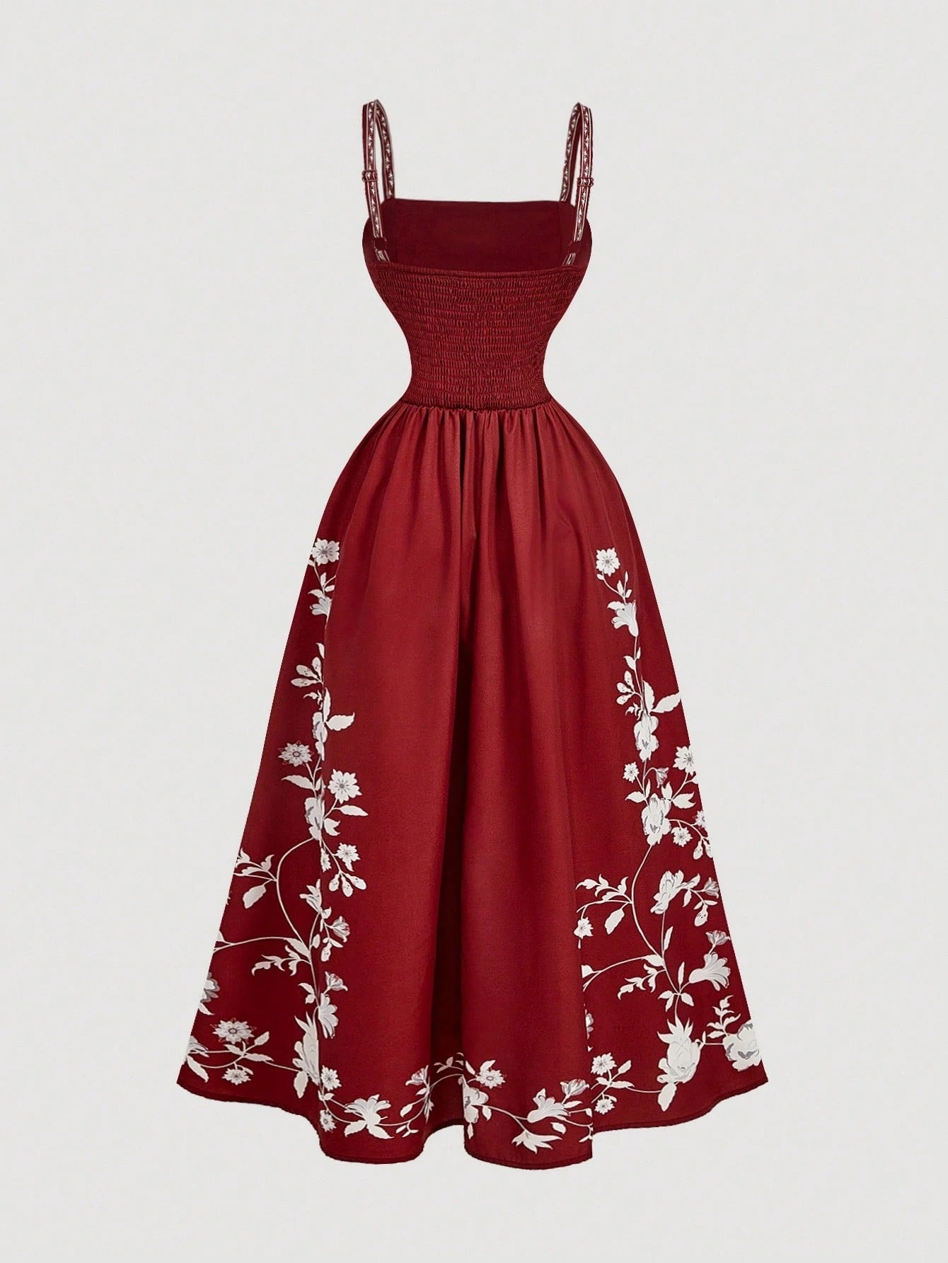 Fashzeo Burgundy romantic floral print midi dress with cowl neck and thigh-high slit for elegant party wear1