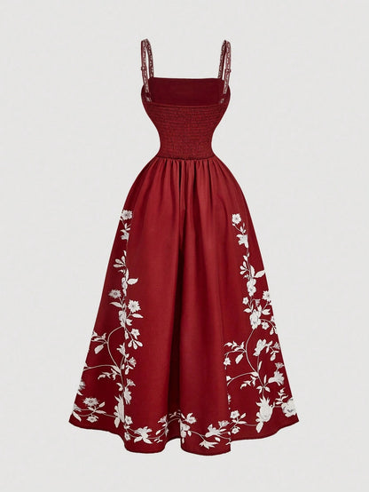 Fashzeo Burgundy romantic floral print midi dress with cowl neck and thigh-high slit for elegant party wear1