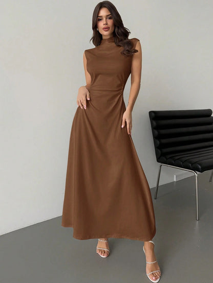 Fashzeo Coffee brown high neck sleeveless long dress featuring a cinched ruched waist for an elegant and modest romantic aesthetic.