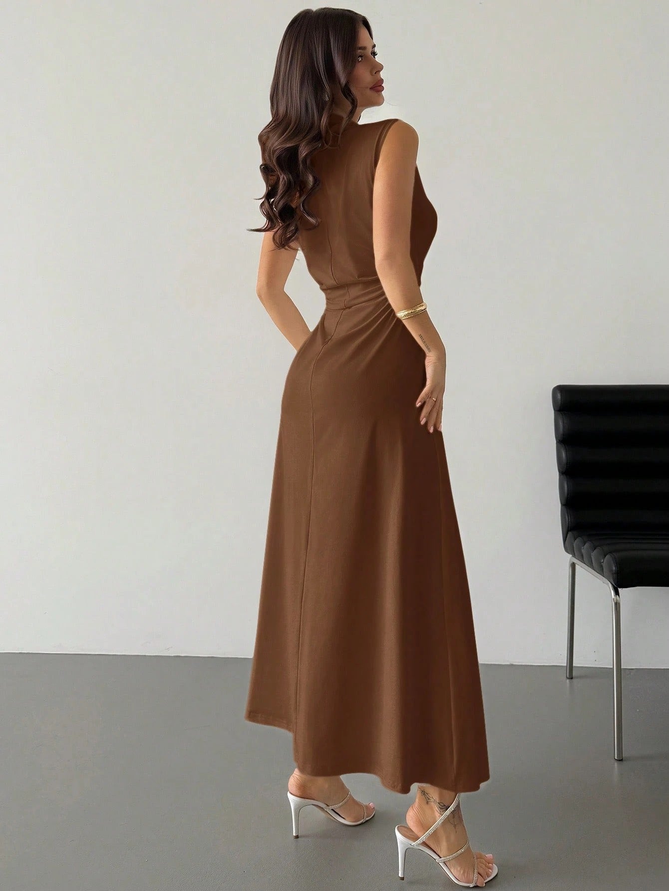 Fashzeo Coffee brown high neck sleeveless long dress featuring a cinched ruched waist for an elegant and modest romantic aesthetic.1